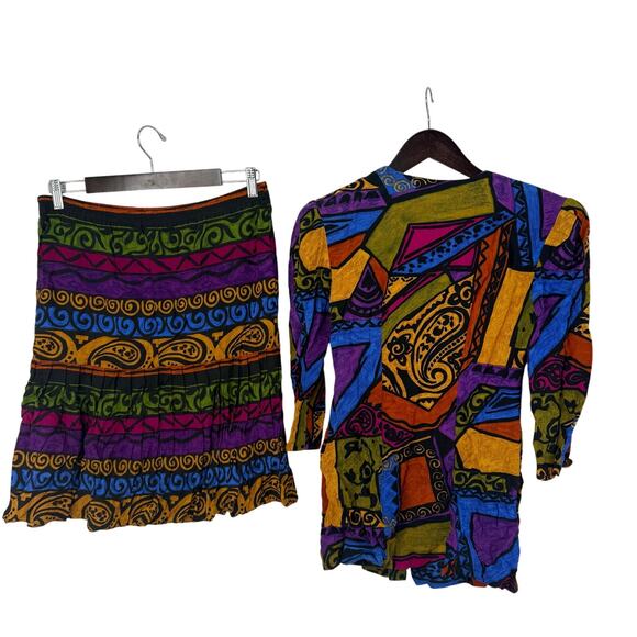 Vintage 90s 2-Piece Skirt Set Bold Paisley Geometric Jewel Tones Size 6 Fall - Picture 2 of 7